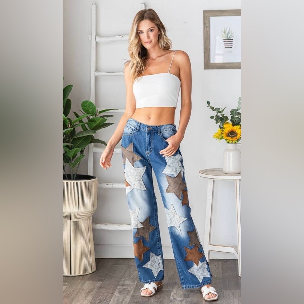 NWOT Oli & Hali Leather Star Patched Denim Jeans
